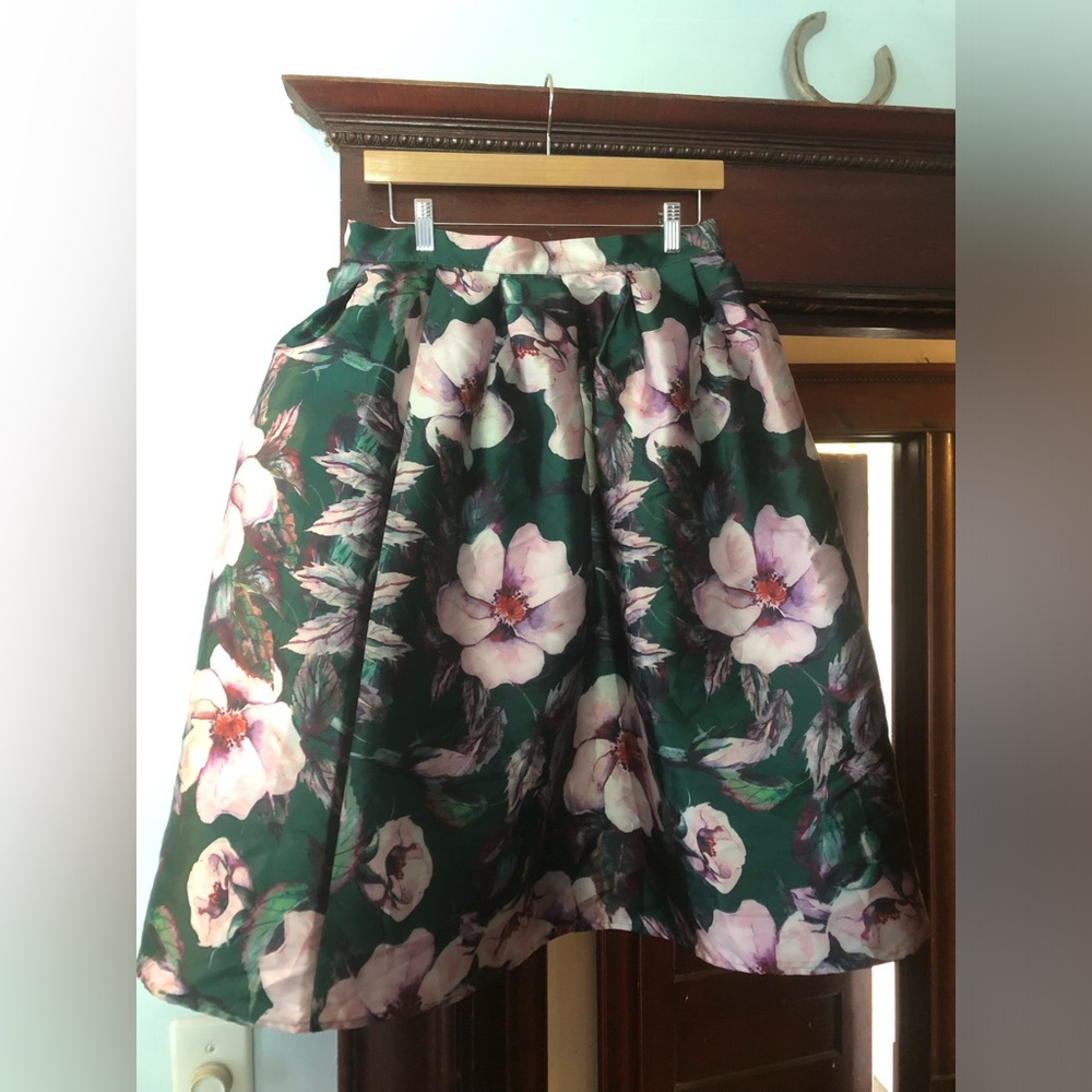 AKIRA Dark Green Floral A-Line Skirt with Pink Blossom Print